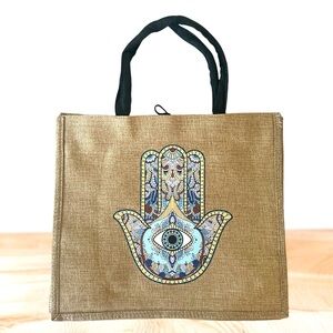 Handcrafted burlap fabric reusable everyday tote  zippered bag hamsa stampeded
